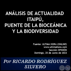 ANÁLISIS DE ACTUALIDAD. ITAIPÚ, PUENTE DE LA BIOCEÁNICA Y LA BIODIVERSIDAD - Por RICARDO RODRÍGUEZ SILVERO - Domingo, 25 de Junio de 2023